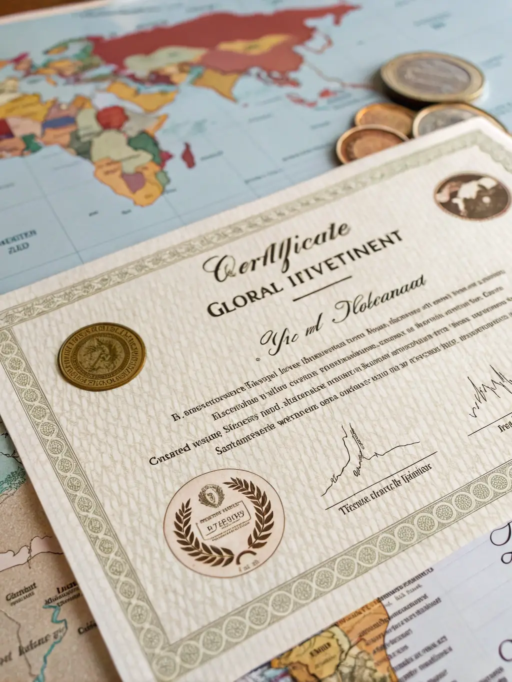 A certificate with a world map background, representing the 'Global Investment Opportunities' course, highlighting international markets and investment strategies.