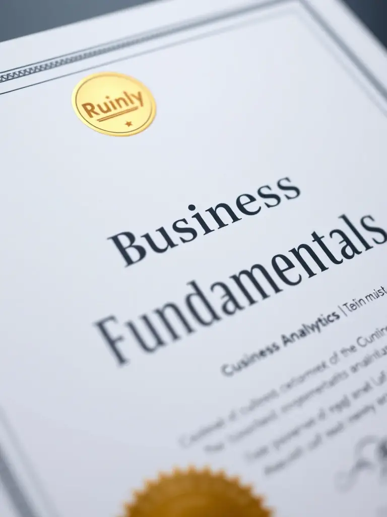 A professional-looking certificate with the Ruinly logo, gold seal, and the title 'Business Analytics Fundamentals' displayed prominently. The background is a subtle gradient of blue and gray, symbolizing trust and competence.