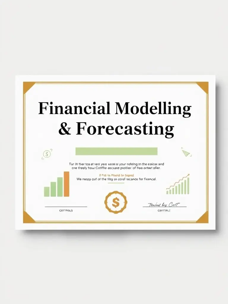 A clean and professional certificate design with the Ruinly logo, highlighting the title 'Financial Modeling & Forecasting' with a visual representation of financial charts and data analysis tools.
