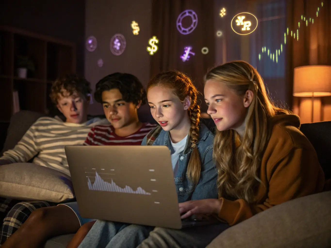 An image showing a diverse group of students engaging with online course materials on laptops, with financial charts and investment graphs in the background.