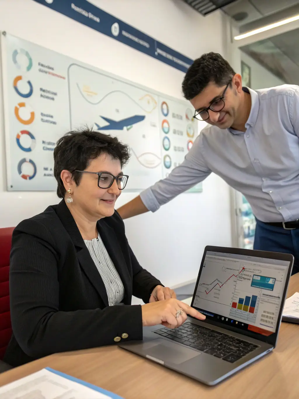 A person confidently presenting a business analytics report in a modern office setting, emphasizing data-driven decision-making and professional growth.