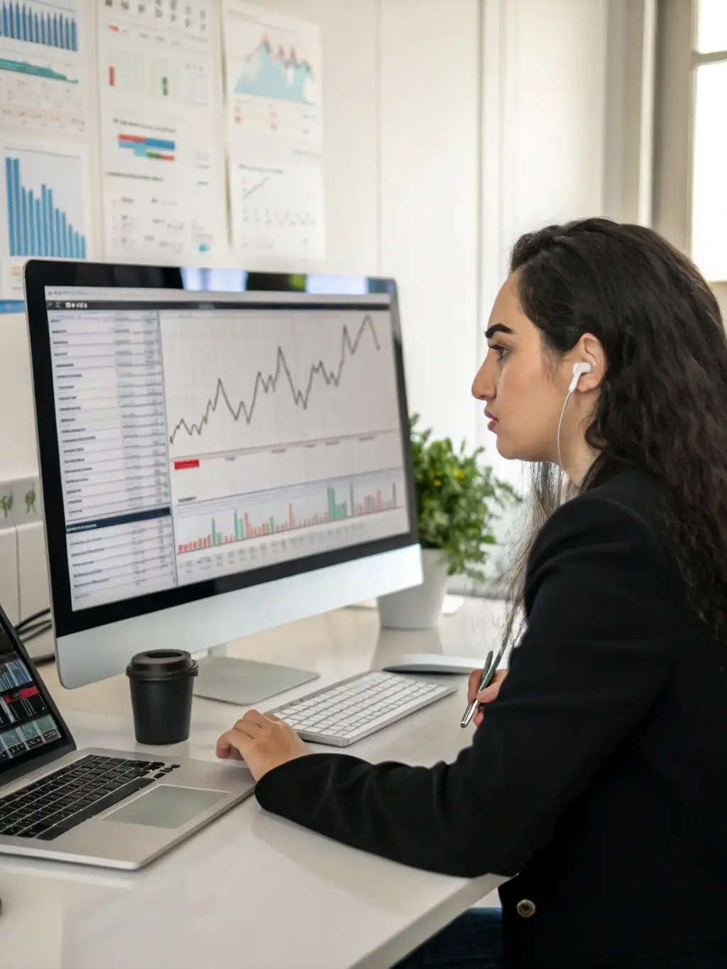 A professional photograph of a young woman confidently analyzing stock market data on a computer screen, symbolizing the skills gained from the 'Stock Market Basics' course.