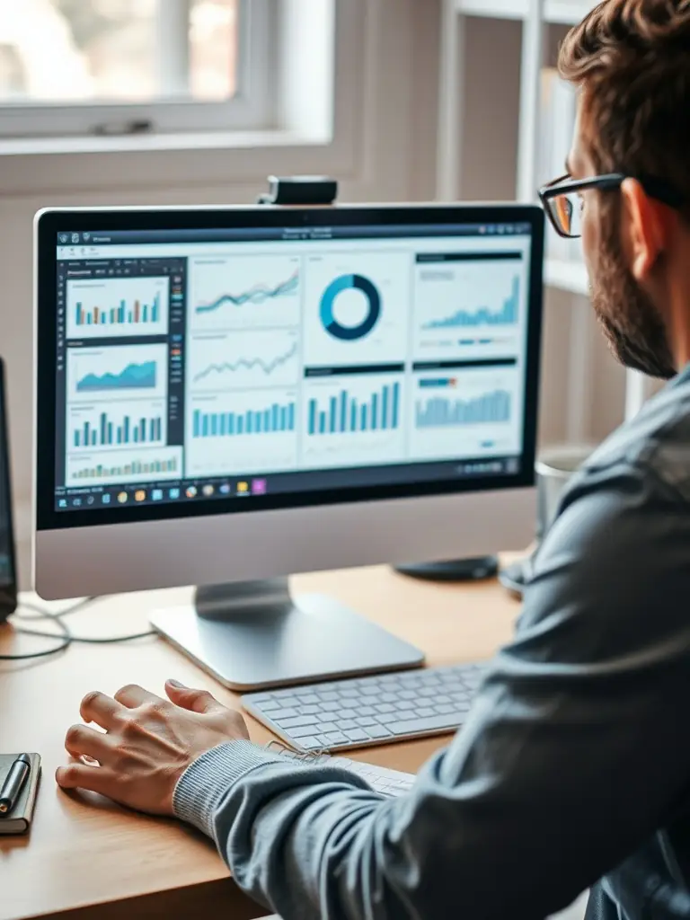 A focused close-up shot of a person analyzing stock charts on a computer screen, highlighting the concentration and analytical skills required for investment analysis. The setting is a modern, well-lit home office.