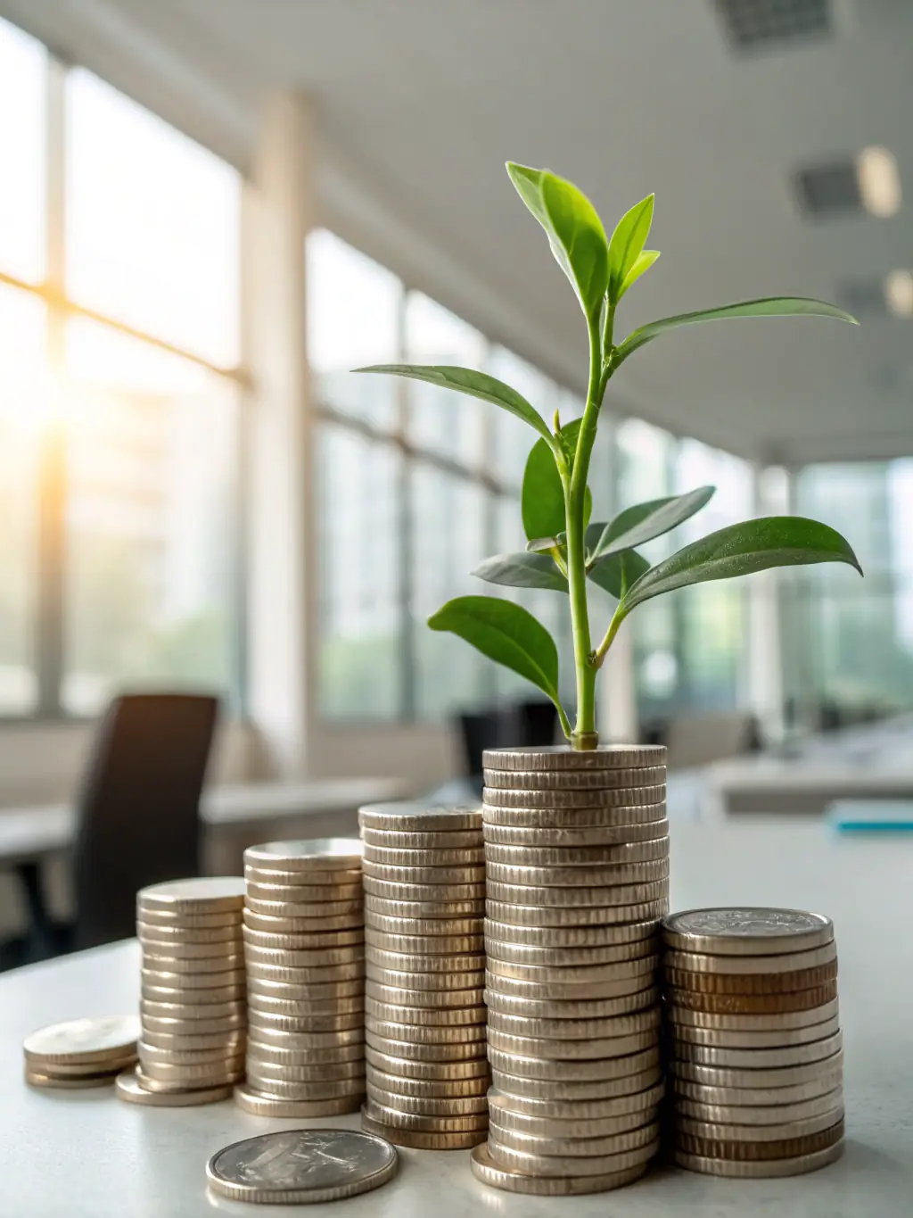 A dynamic image of a growing plant with coins as soil, symbolizing the growth and potential of investments learned in the 'Real Estate Investing' course.